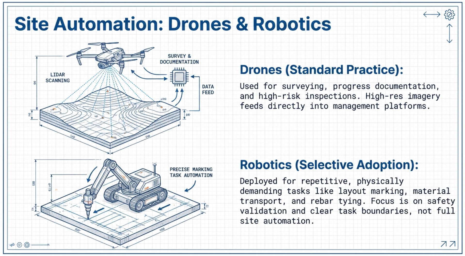 site automation using drones and robotics