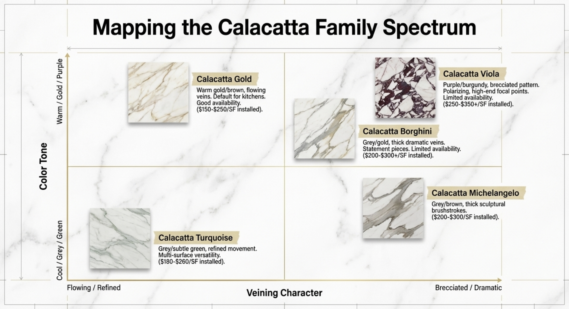 Calacatta marble varieties including Gold, Borghini, Viola, and Turquoise