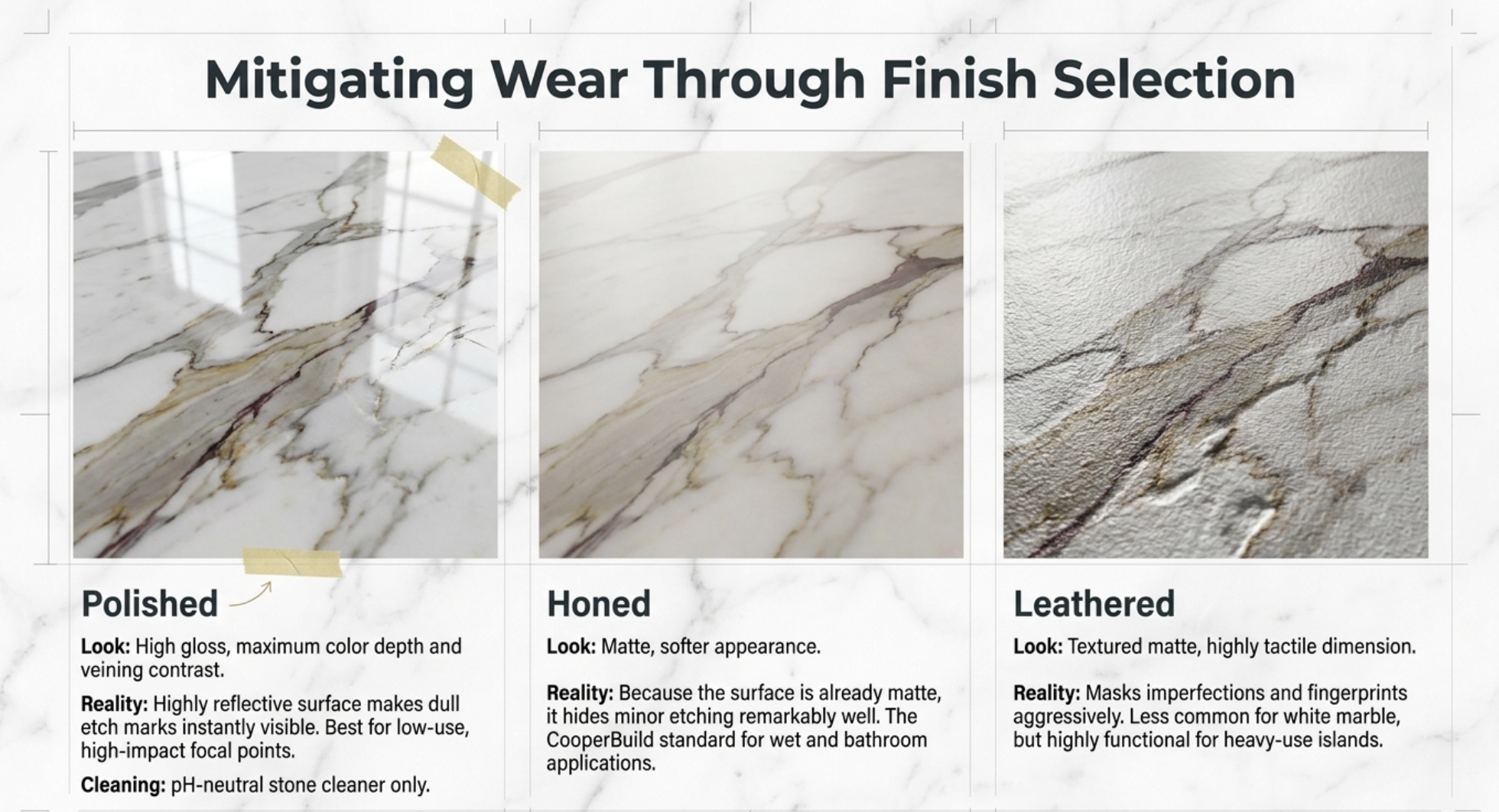 Calacatta marble finish options: polished, honed, and leathered