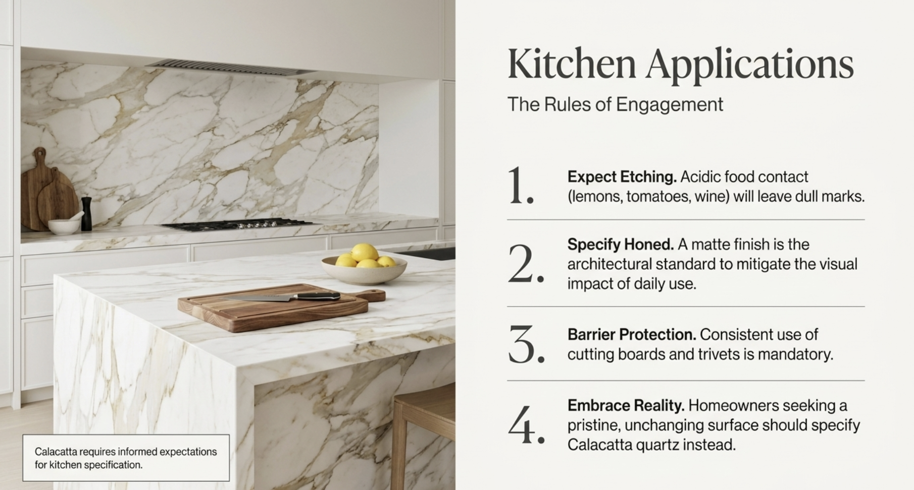 Calacatta marble applications in kitchen countertops and islands