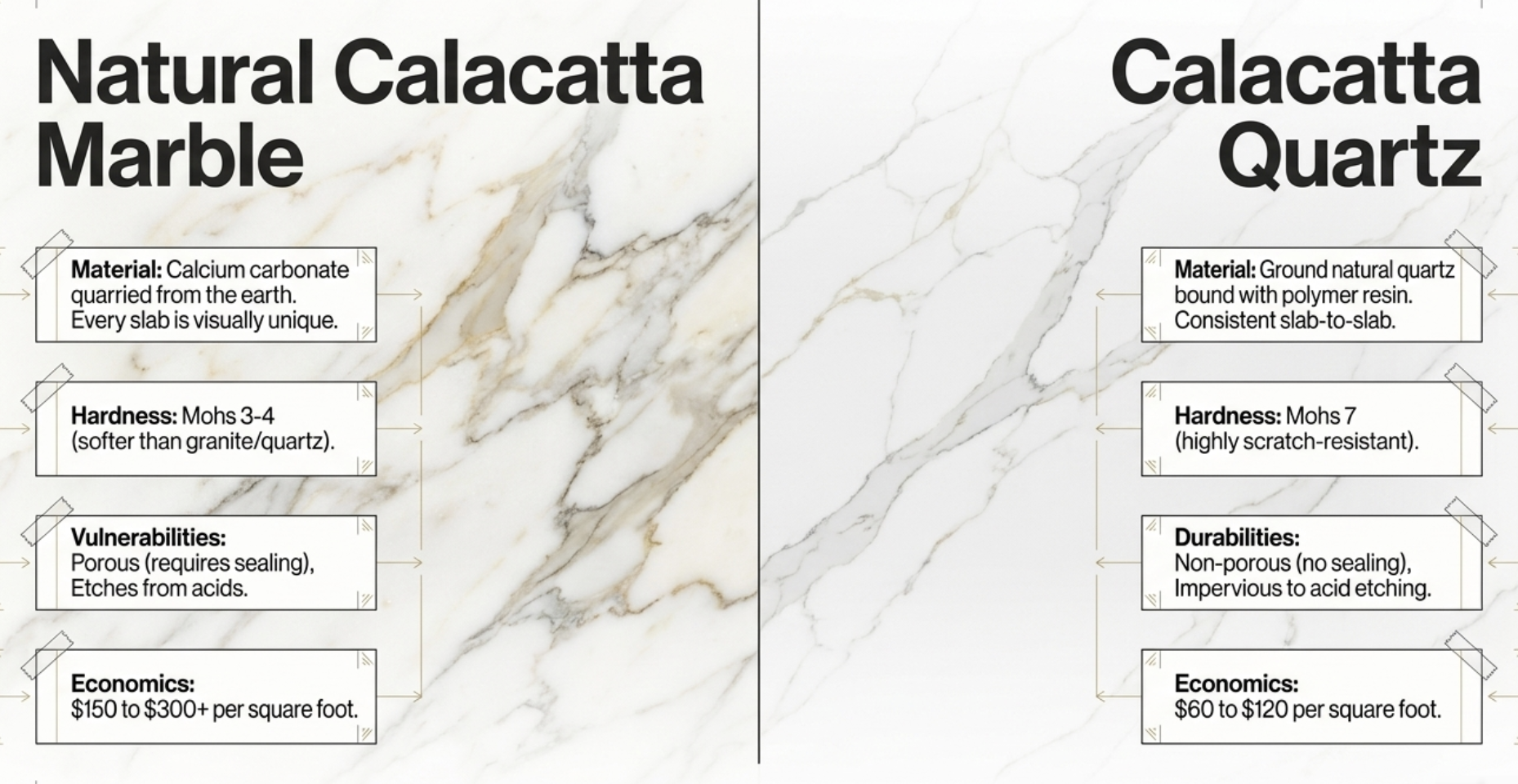 Calacatta Marble vs Calacatta Quartz: Varieties, Cost, and How to Specify