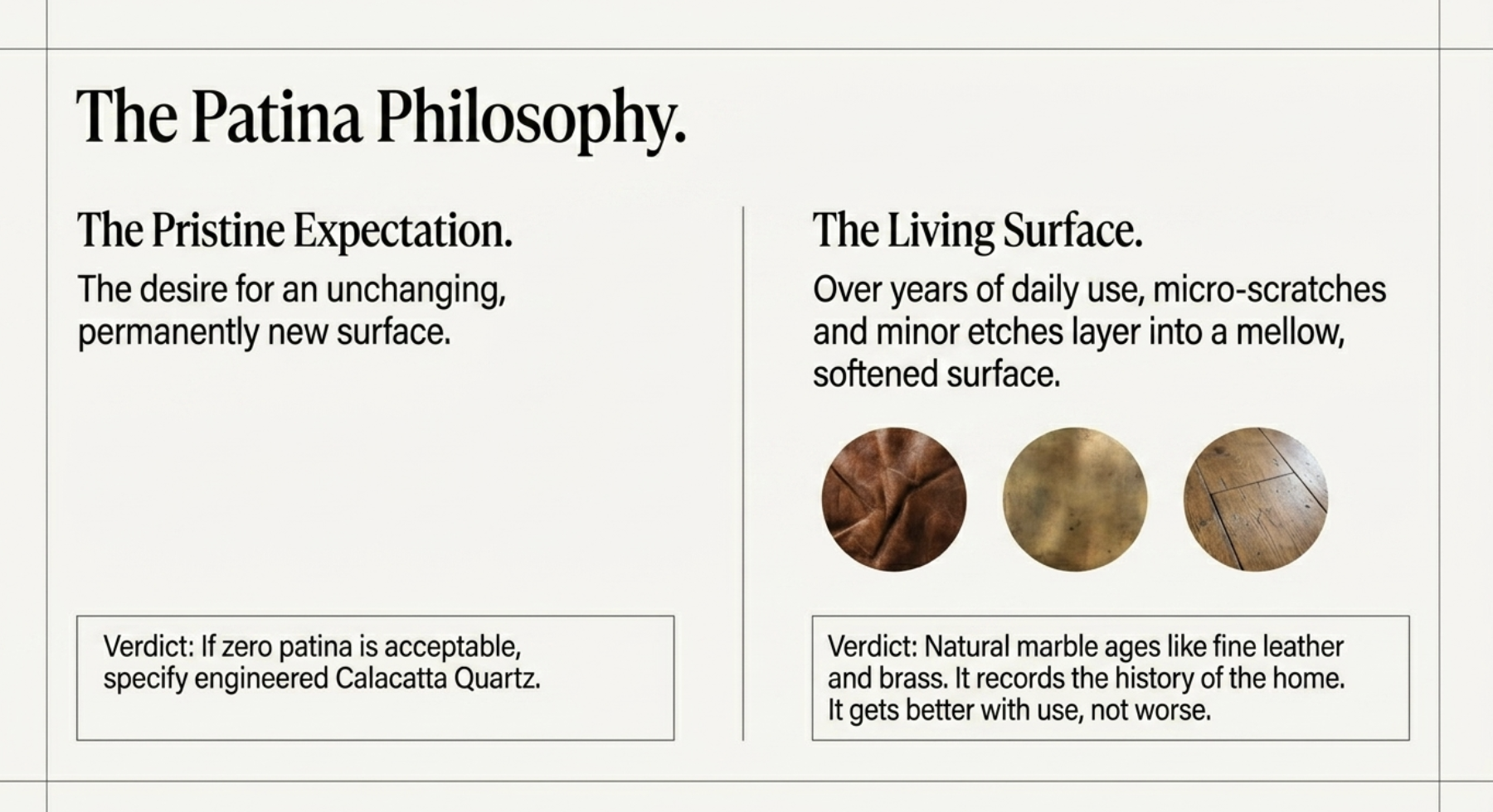How Calacatta marble develops patina and ages over time
