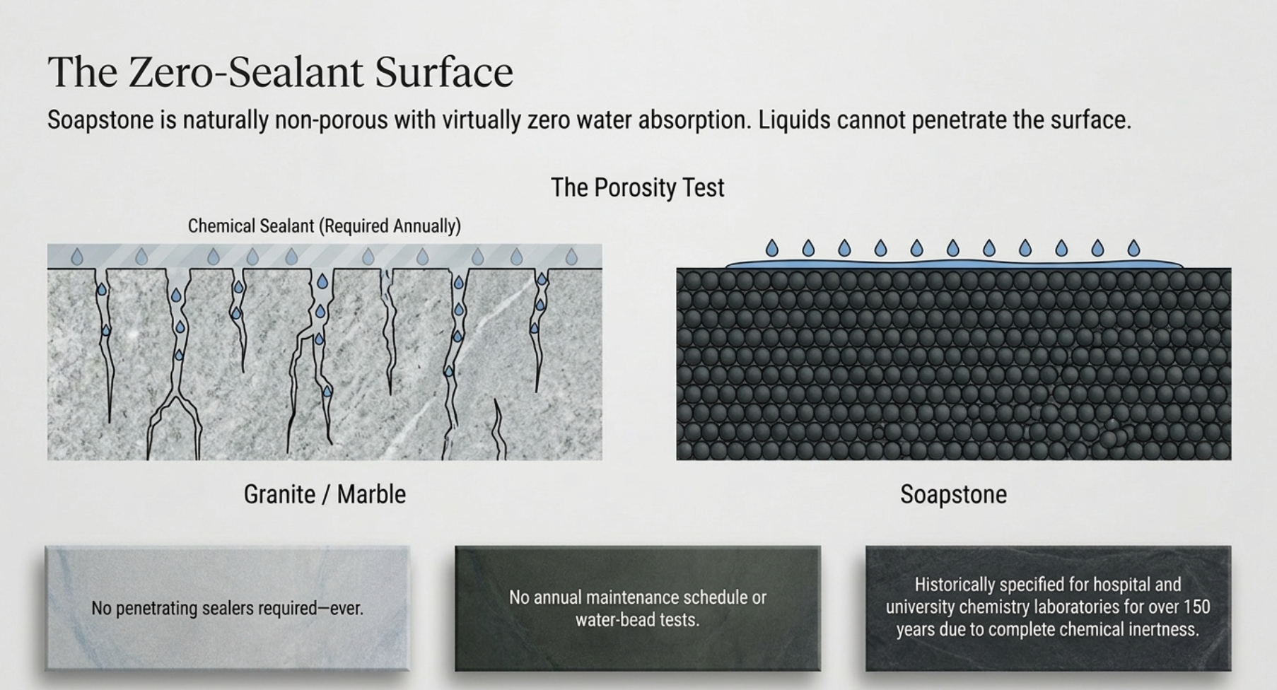 Key properties of soapstone: non-porous, heat resistant, and acid resistant