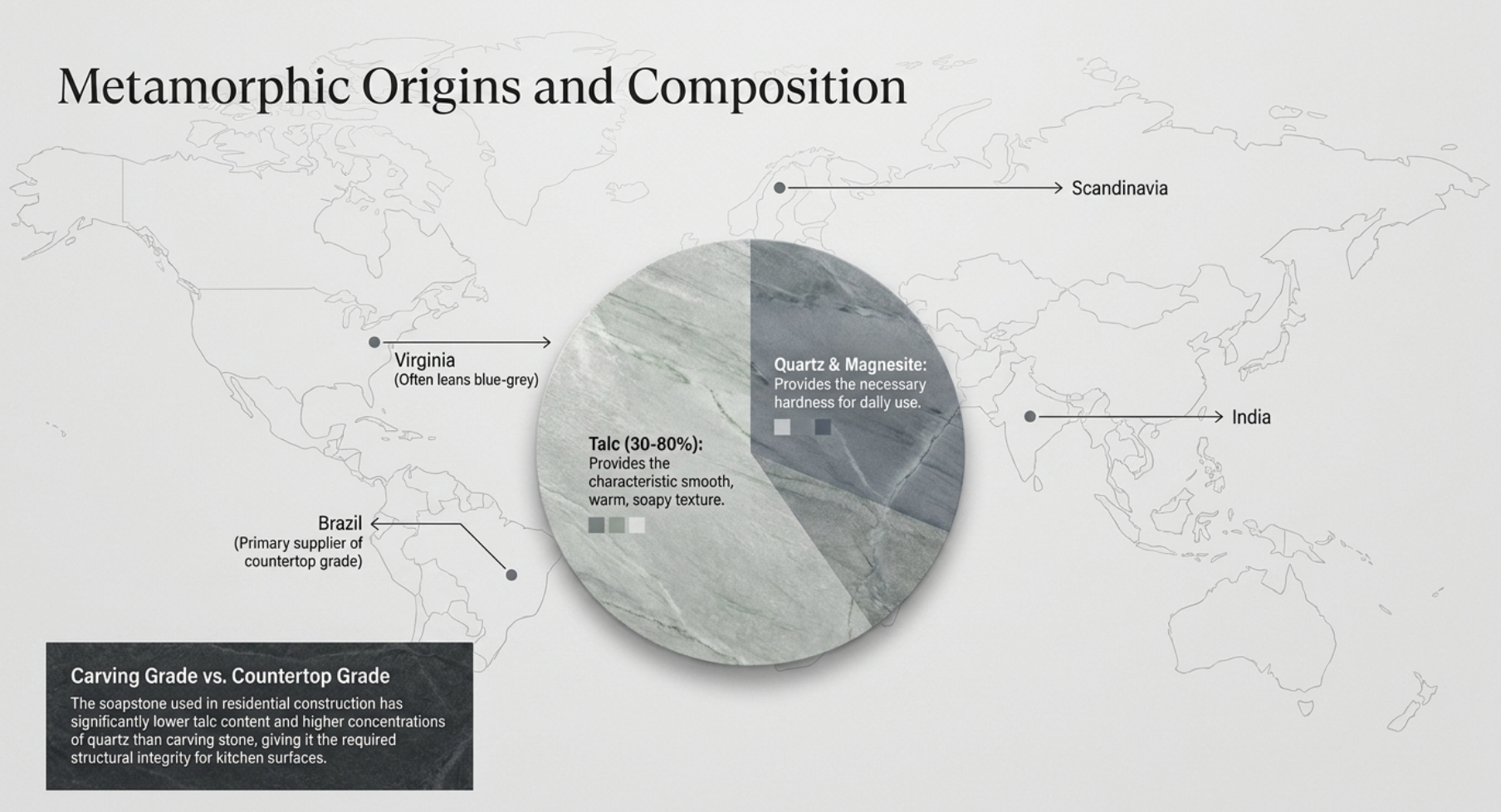 Soapstone composition and geological properties including talc content