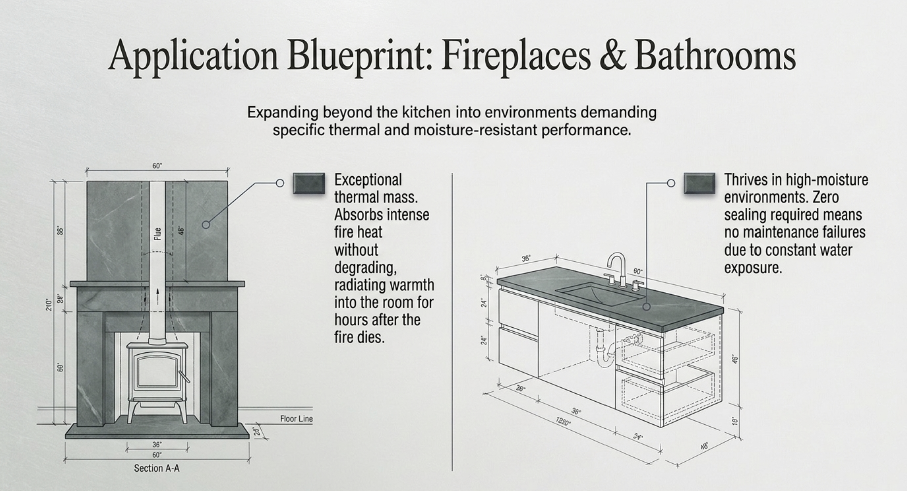 Soapstone fireplace surrounds and bathroom vanity applications