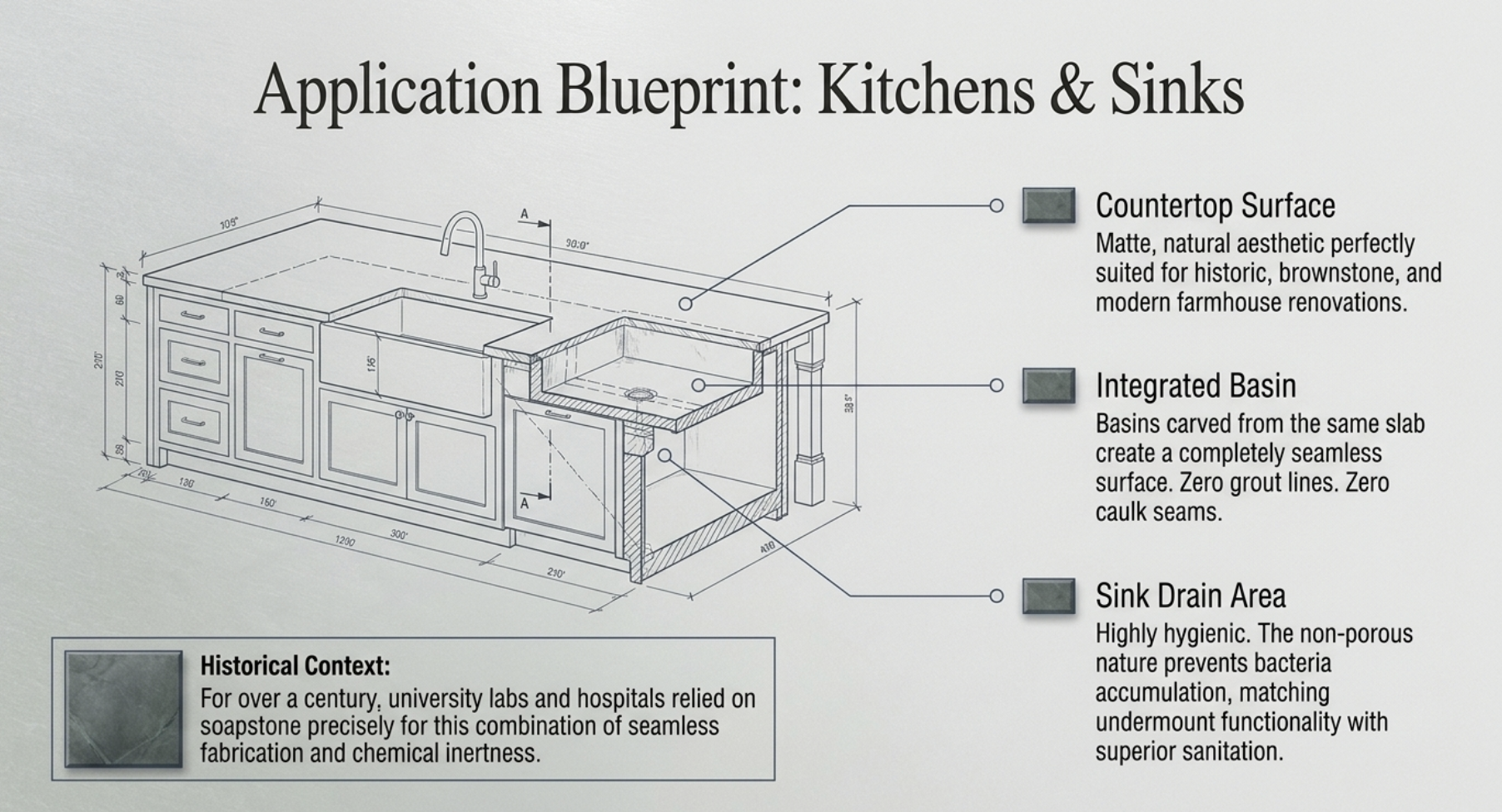 Soapstone kitchen countertop applications and integrated sinks