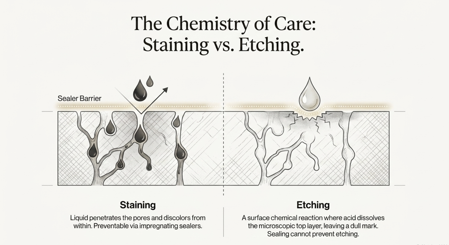 Difference between staining and etching on Calacatta marble surfaces